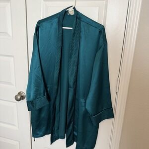 Vtg Victorias Secret Kimono Robe OS Satin Teal Open Mobwife 90s Gold Label Indie